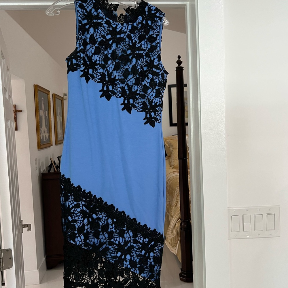 VENUS Asymmetrical Blue and Black Lace Dress